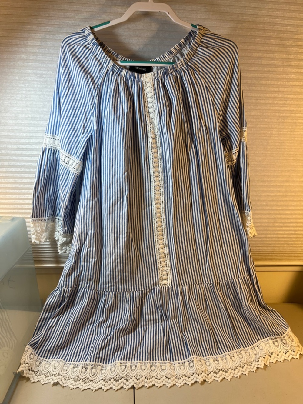 Karen Kane cotton shift dress off shoulder lace trim blue white cottage core M
